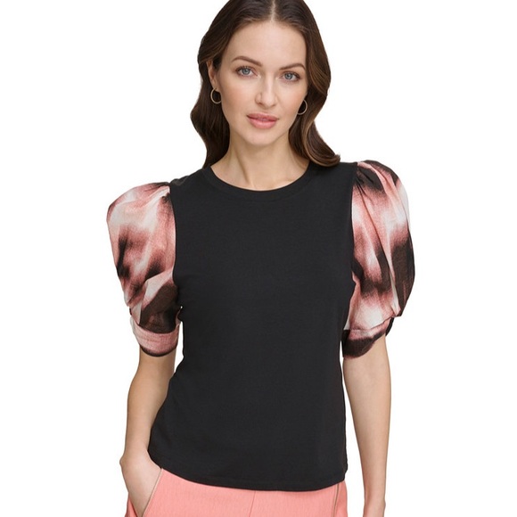 Dkny Tops - NWT DKNY Black Cottton and Pink Puff Sleeve Top (Large)